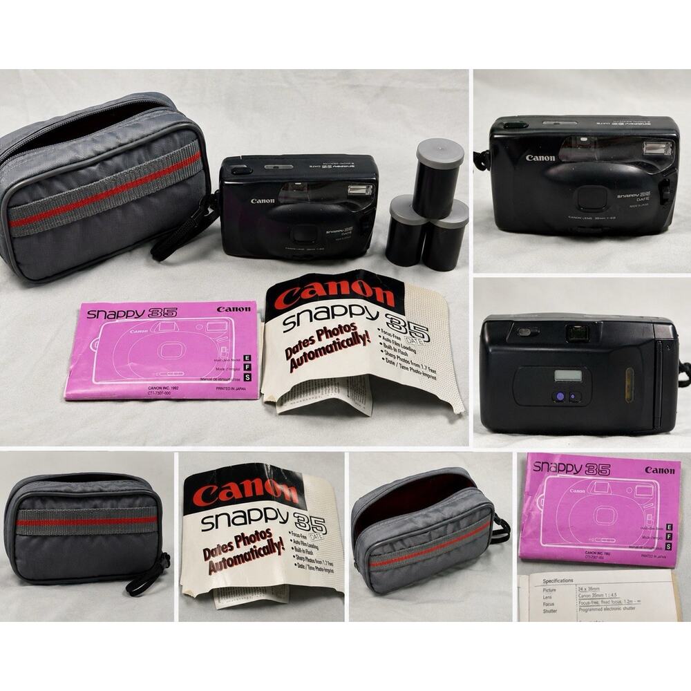 Canon Snappy 35 Date 35mm Film Camera Bundle Case Manual Film Canisters